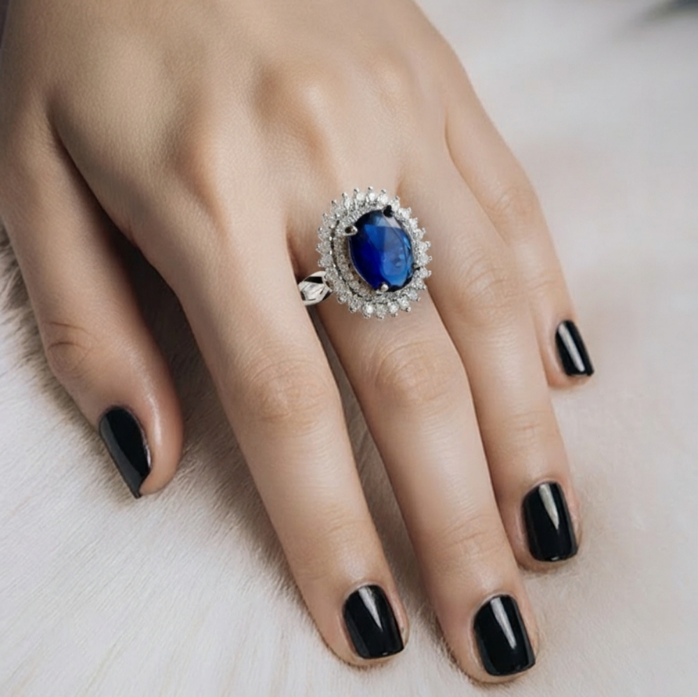 Silver sapphire cz ring 14k gold overlay 🆕